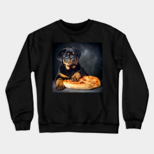 Rottweiler puppy and pizza Crewneck Sweatshirt